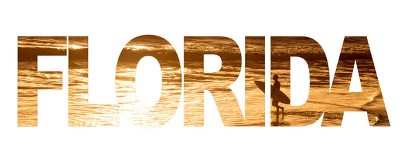 Word Florida written with a photo of a surfer and the ocean at sunset isolated on transparent background, png file