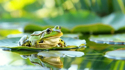Deurstickers A green frog is resting on a lily pad with clear reflections in the water © Татьяна Макарова