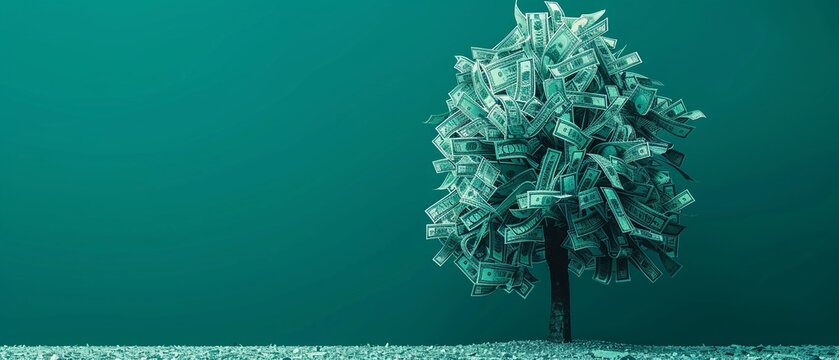 A tree made of dollar bills stands tall on a teal background