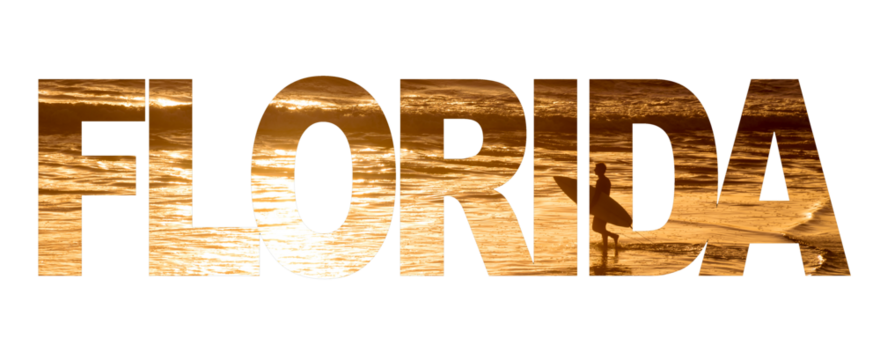 Word Florida written with a photo of a surfer and the ocean at sunset isolated on transparent background, png file - Powered by Adobe