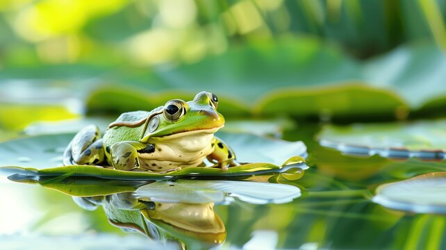 A green frog is resting on a lily pad with clear reflections in the water
