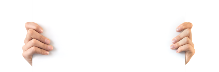 Hands holding a white blank board isolated on panoramic transparent background, web banner, png file