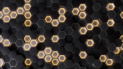 Abstract futuristic background with hexagons glowing. 3d render illustration