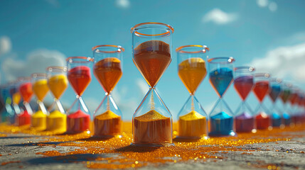 Sleek hourglass with golden sand on one side and vibrant, Row of hourglasses with vibrant sand...