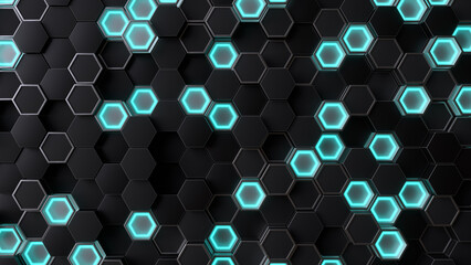 Abstract technology background with hexagons glowing. 3d render illustration - 774183909