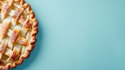 A freshly baked lattice-top pie on a blue background