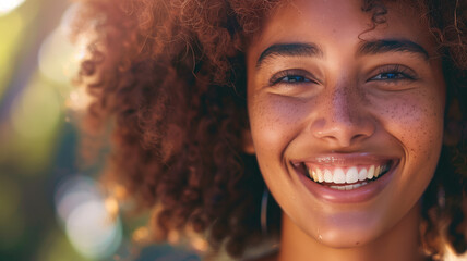 Close-up of a smiling woman with curly hair and freckles in sunlight - obrazy, fototapety, plakaty
