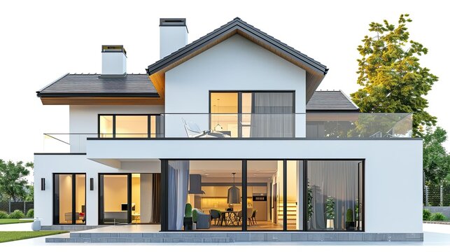 Craft an image of a stylish modern house presented through a 3D rendering against a white background