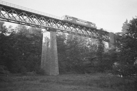 Train on bridge in Valley of Peklo near Ceska Lipa on September 9  2023 on analogue photo