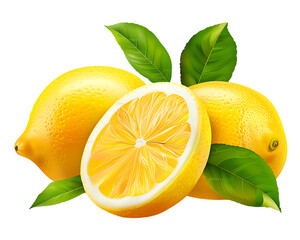 Isolated lemon with slice and leaf on white background,