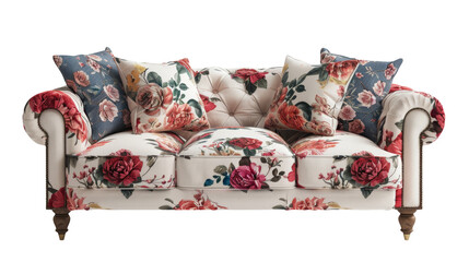 Floral Patterned Sofa and Traditional Decor on Transparent Background