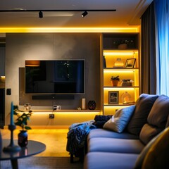 Cozy smart home interior, IoT devices seamlessly integrated for comfort and efficiency