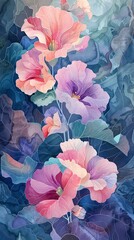 Watercolor fantasy of blooming flowers with each petal telling a story against a patterned backdrop