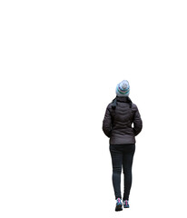 woman walking dressed in brown winter jacket, hat and dark pants (cut out, isolated on white background) hiking, hike walk winter