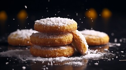 Ai generated delicious round sponge with icing sugar sprinkled.  - obrazy, fototapety, plakaty