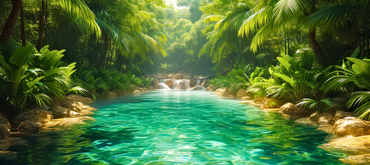 Secluded Waterfall Oasis in a Dense Tropical Forest. Tropical resort natural pool - obrazy, fototapety, plakaty