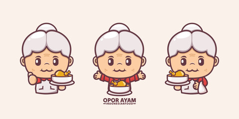 cute grandma cartoon with opor ayam indonesian traditional food