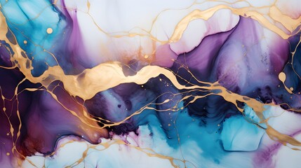 Abstract violet and blue liquid background with glitter golden line and splash. Marble alcohol ink,...