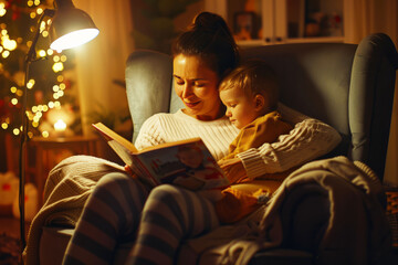 A parent or grandparent sitting in a comfortable chair, reading a book to a child nestled in their lap. AI generative