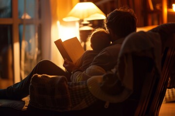 Fototapeta premium A parent or grandparent sitting in a comfortable chair, reading a book to a child nestled in their lap. AI generative