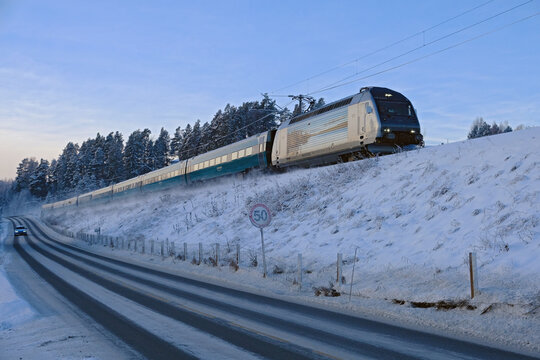 VY train from Oslo to Bergen passing Honefoss, Buskerud, Norway