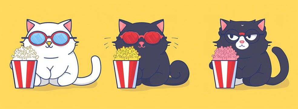 Three adorable cartoon cats enjoying popcorn