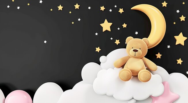 Enchanting night sky - teddy bear among the stars, sitting on fluffy clouds, with a golden crescent moon illuminating the darkness