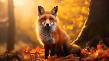 Cute red fox in the forest. Wildlife concept. 