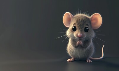Adorable illustrated mouse with big eyes and ears standing in a dimly lit environment looking curious and cute