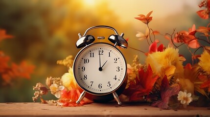 alarm clock on autumn leaves.
