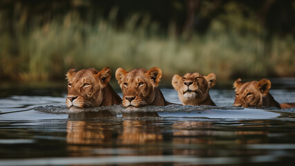 Lion family swimming.