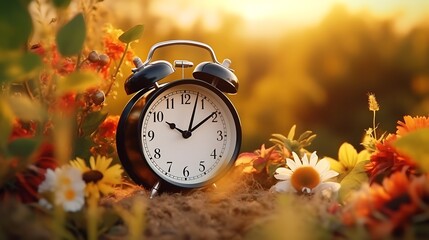 clock in on grass .autumn background.  - obrazy, fototapety, plakaty