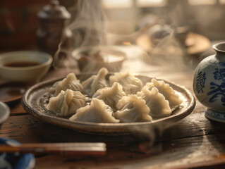 Fototapeta na wymiar A plate of dumplings with steam rising from them. The dumplings are white and look like they are cooked