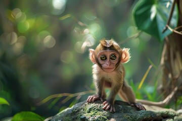 Adorable young monkey sitting among lush greenery: a wildlife and nature study