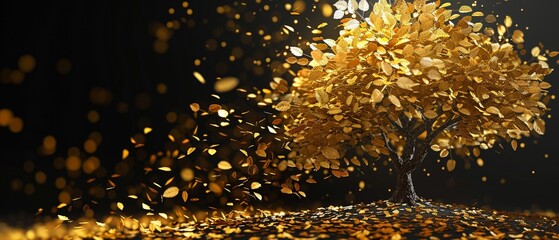 Conceptual illustration of a rich golden tree with leaves falling