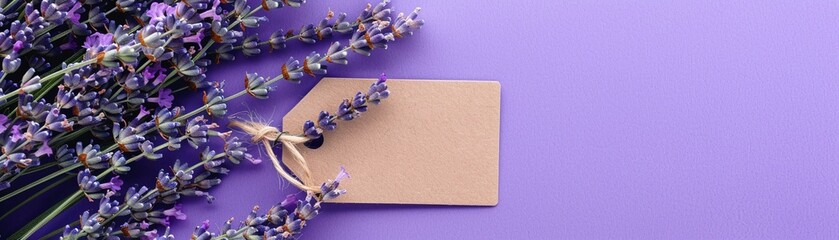 Elegant lavender sprigs with a blank tag on a purple background for customization and branding.