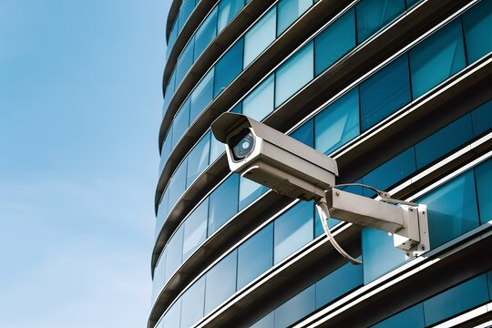 Camera on modern building, professional surveillance, outdoor safety, free