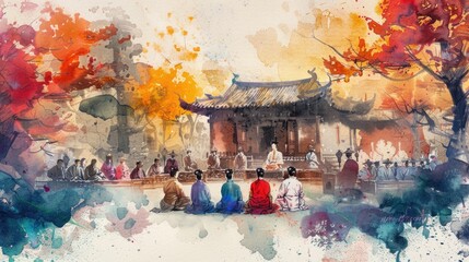 Fototapeta premium Vibrant watercolor banner showing a Confucian ceremony, celebrating wisdom and ethics in rich colors