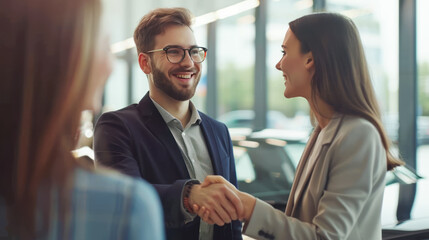 Fototapeta premium Car dealer showing car to a businessman in showroom. Buying new car in dealership. Car rental, lease, insurance, dealership concept. Female seller and male customer shaking hands in car salon