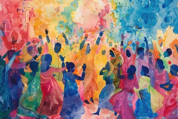 A vibrant watercolor banner of a Hindu festival, with lively colors capturing the spirit of devotion and celebration