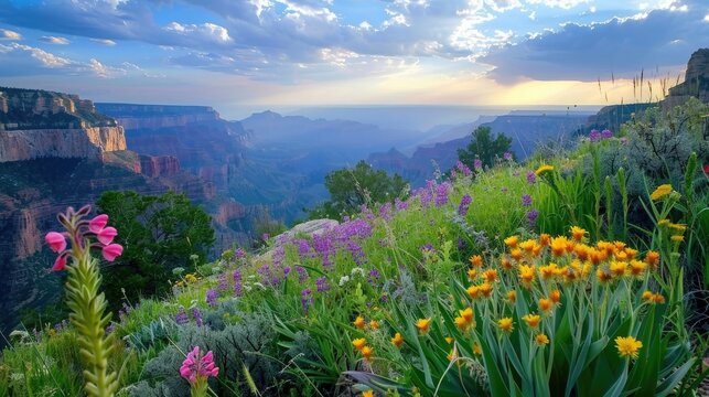 Beautiful mountain scenery in Arizona. Flowers blooming on North Rim, Grand Canyon National Park,