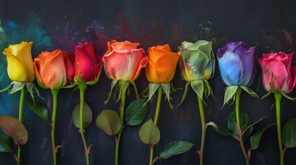 Beautiful Rainbow Colored Row of Roses. A single line of rose heads facing forwards in red, orange, yellow, green, turquoise, indigo and magenta representing the seven chakras