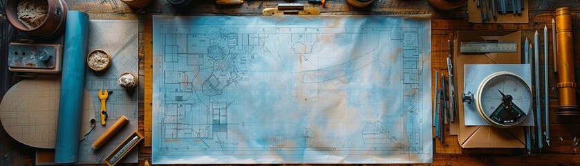 Blueprint spread out on a drafting table, surrounded by various drafting tools and material samples
