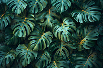 Tropical leaf design features green/blue palm and Monstera plant leaves on a white background. Seamless vector repeating pattern