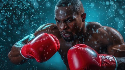 A determined boxer in red gloves, drenched in sweat, ready to strike, with intense focus in his eyes.