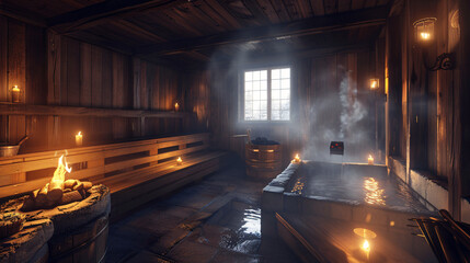 Cozy Sauna Room with Steam and Ambient Lighting
