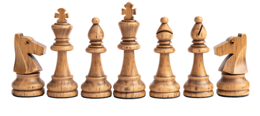 A row of chess pieces, all the same size and shape, are arranged in a symmetrical pattern on a white background.