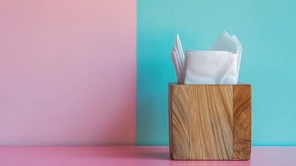 Wooden napkin holder with napkins on a pink blue background