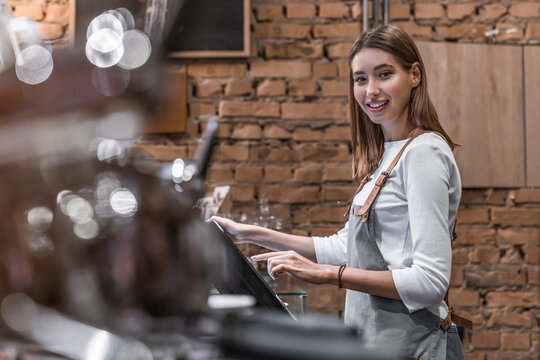 Portrait of happy young woman at counter with cashbox working in coffee shop cafe restaurant looking at camera. Caucasian waitress in apron using finger touching screen of POS terminal in coffee shop