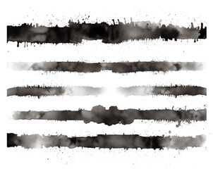 Lines of black ink, brush strokes. Horizontal dividers in the grunge style. Isolated, PNG cutout.